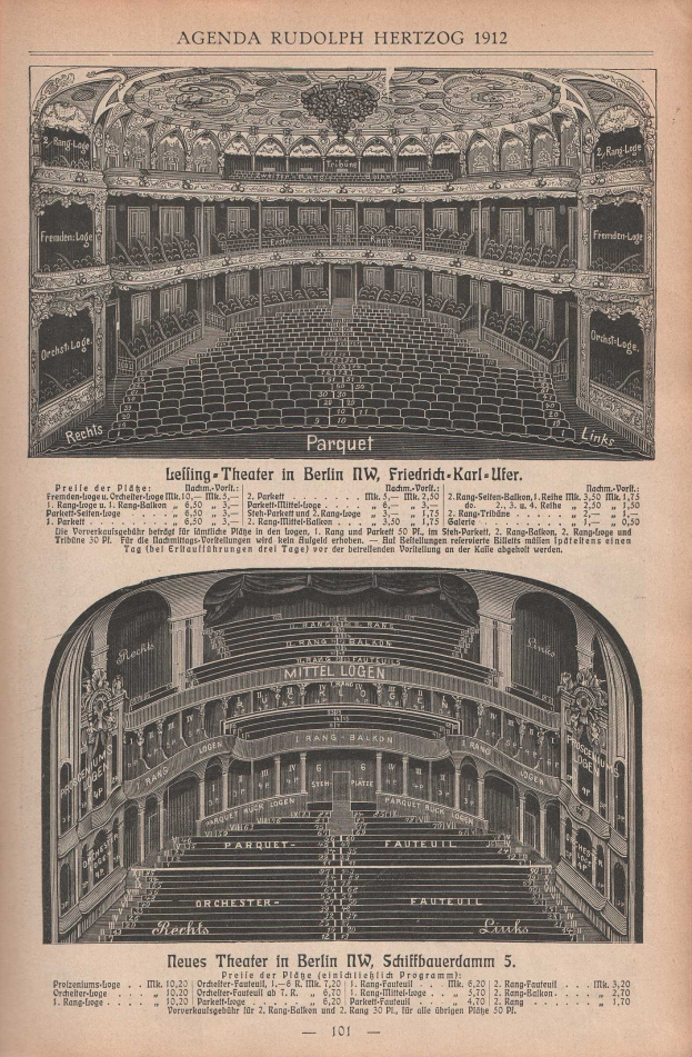 Black-and-white illustration of an old book page featuring a large auditorium in Berlin, Germany, from 1912, alongside text describing the theatre's layout.