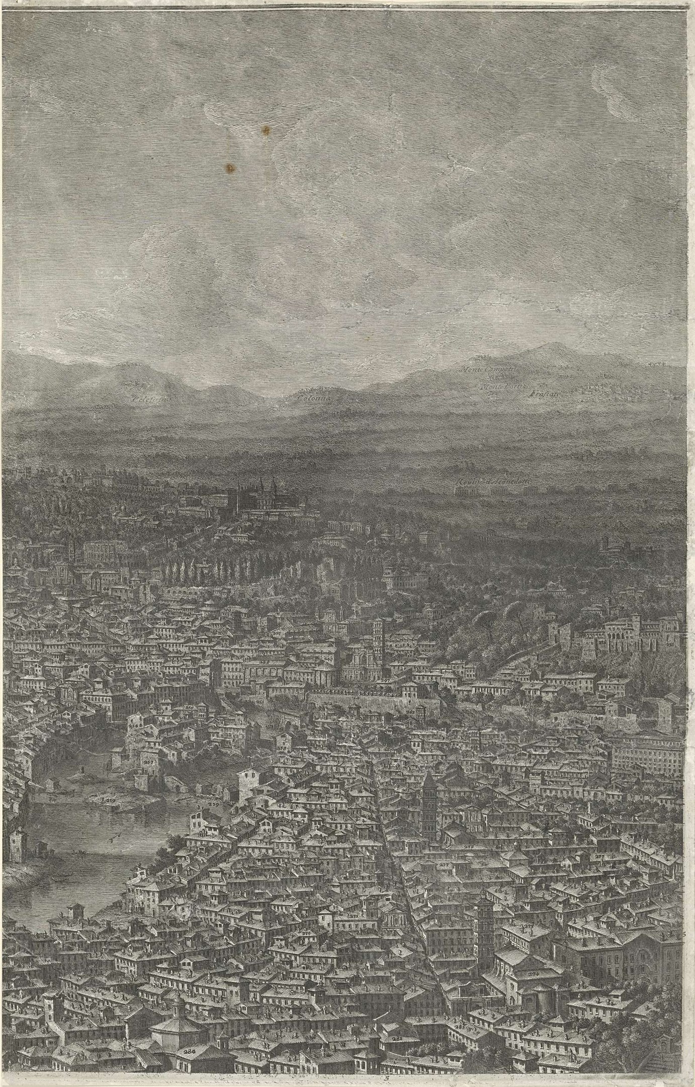 Black and white engraving of Florence, Italy, depicting its buildings, hills, and sky with the text "Florence, Italy" at the bottom.