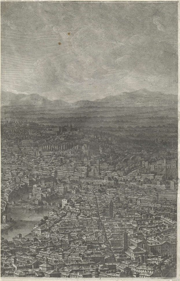 Black and white engraving of Florence, Italy, depicting its buildings, hills, and sky with the text "Florence, Italy" at the bottom.