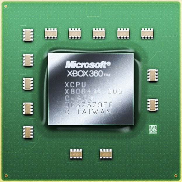 Schwarzer rechteckiger Mikroprozessor-Chip mit zentralem weißem "Microsoft Xbox 360"-Text in fetter Schrift.