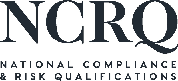 Weißer Hintergrund mit zentrierter fetter schwarzer Schrift "National Compliance & Risk Qualifications" in einem dünnen schwarzen Rahmen, in einer modernen professionellen Schriftart.