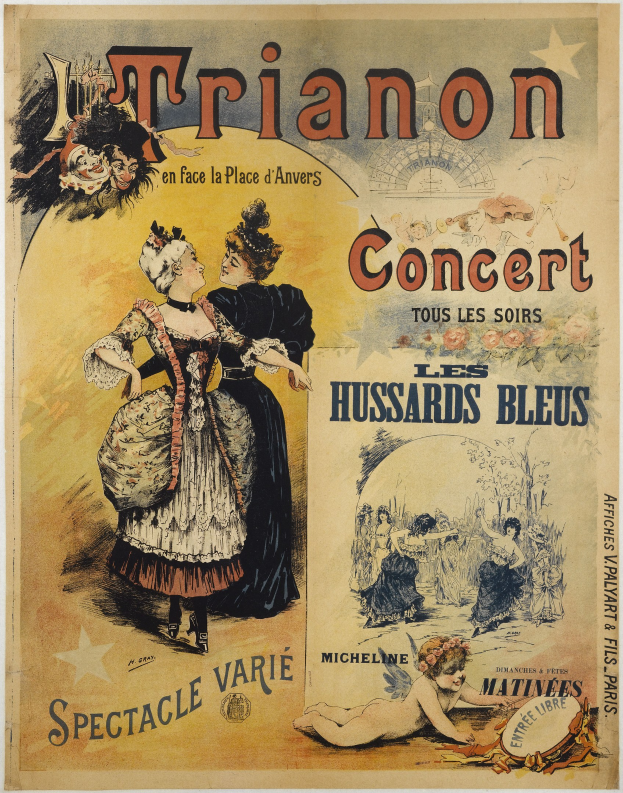 Ein Konzertplakat, das eine Frau in einem langen, wallenden Kleid mit hohem Kragen und langen Ärmeln zeigt, sowie einen Mann in einem Anzug, der hinter ihr steht und die Arme verschränkt, beide mit ernsten Gesichtern.