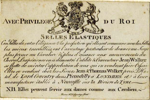 Alte Geschäftsvisitenkarte mit einem Wappen, das ein Logo und Text mit der Aufschrift "Avec Privilege du Roi" zeigt.