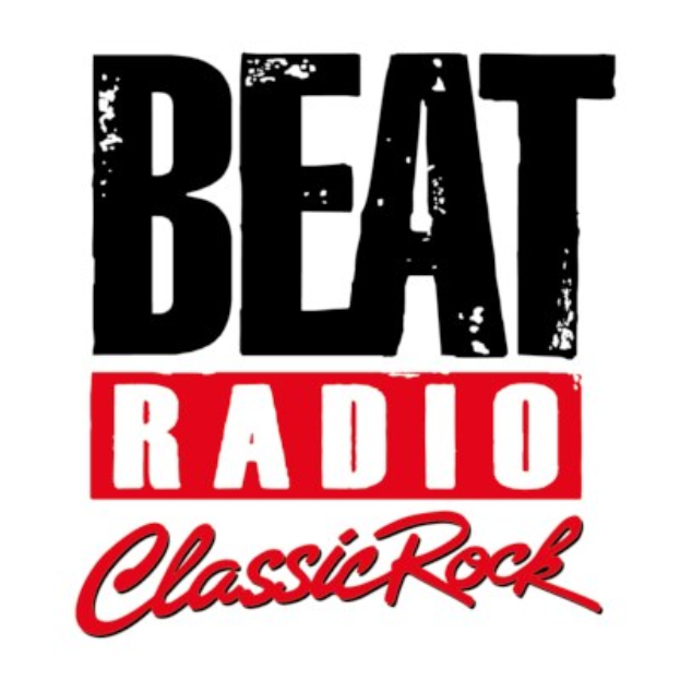 Plakat mit "Beat Radio Classic Rock" in fetter schwarzer Schrift auf einem weißen Hintergrund, eingerahmt von einem hellgelben Rand und einem schwarzen äußeren Rand.