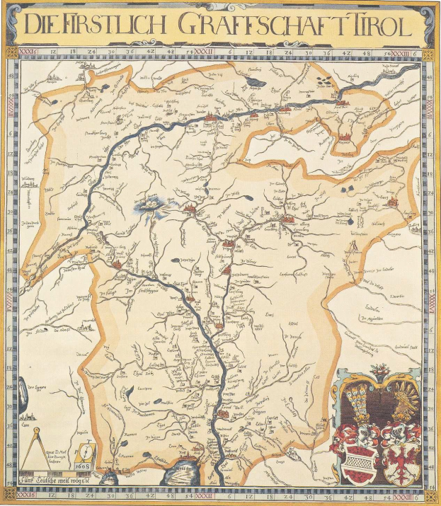 Ein detailliertes historisches Kartenwerk der ersten Grafschaft Tirol, das geografische Merkmale wie Flüsse, Berge und Städte zeigt, begleitet von erklärendem Text.