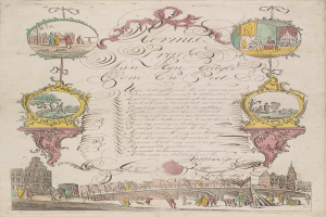 Ein aufgeschlagenes Buch mit einer Stadtansicht-Illustration, das Gebäude, Menschen, eine Brücke und andere Gegenstände zeigt, begleitet von Text.