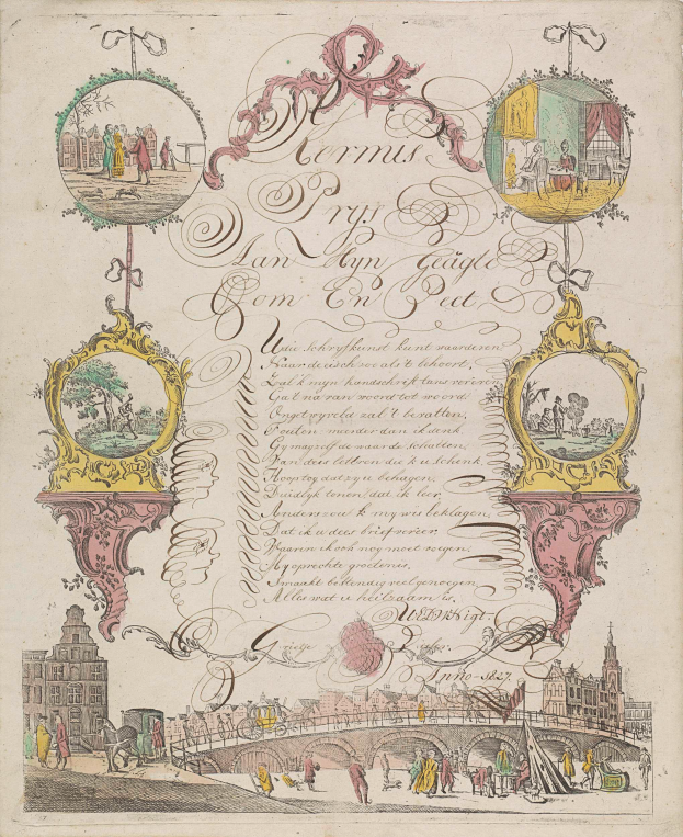 Ein aufgeschlagenes Buch mit einer Stadtansicht-Illustration, das Gebäude, Menschen, eine Brücke und andere Gegenstände zeigt, begleitet von Text.