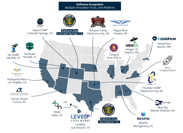 Eine Karte der Vereinigten Staaten, die Unternehmenslogos und Text enthält, der die Standorte des Software-Ökosystems in dem Land anzeigt.