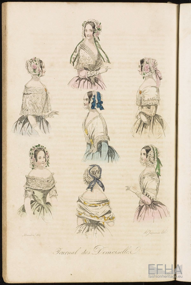 Open book titled "Journal des Demoiselles" displaying an 18th-century fashion illustration of a woman in a dress, accompanied by descriptive text.