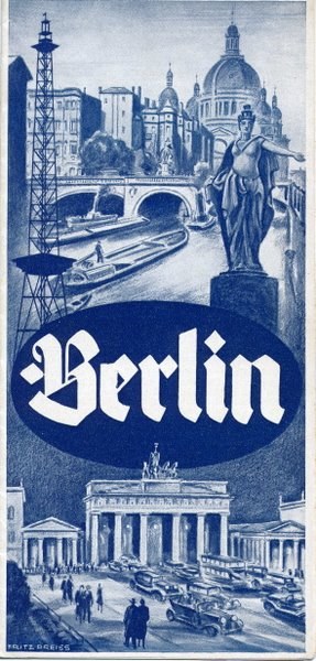 Poster advertising Berlin, Germany, featuring a statue, buildings, a tower, people, vehicles on the road, and a bridge with text providing information about the city.