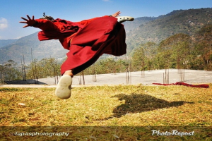 Eine Person in rotem Kleid und Schuhen springt auf Gras, mit Bäumen und Bergen im Hintergrund und sichtbaren Eisenstangen und Wasserzeichen im Bild.