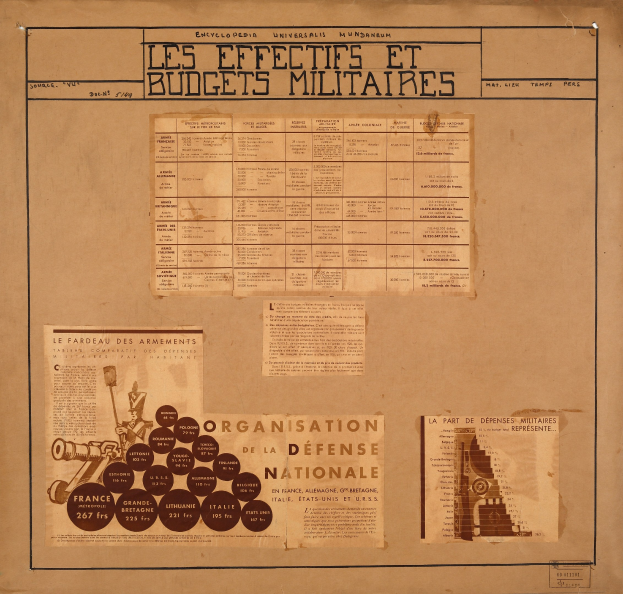 Old book with papers containing text and images, likely related to military personnel effects and budgets, stacked on top.