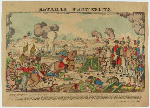 Ein Plakat, das die Schlacht von Austerlitz zeigt, mit Menschen auf Pferden und Wagen im Vordergrund, Bäumen im Hintergrund und Rauch, der von der Schlacht aufsteigt, mit französischem Text oben und unten.