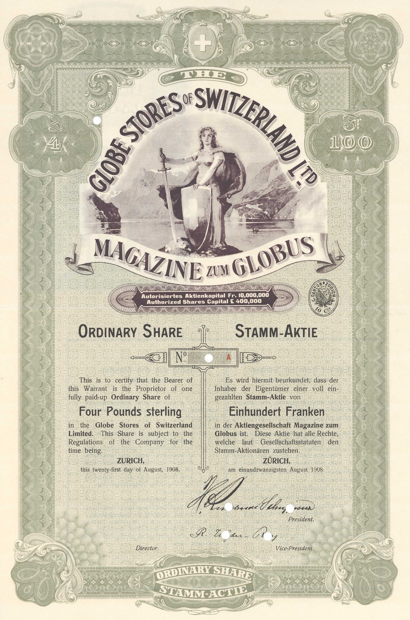 Altes Aktienzertifikat der Schweizer Zeitung Globe Stores mit einer Illustration einer Person, die ein Schild und ein Schwert hält, sowie dem markanten Text "Globe Stores" und einer Unterschrift unten.