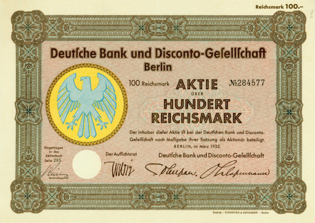 Deutsche Banknote mit einer Vogelillustration und der Aufschrift "Deutsche Bank und Disconto-Gefellichaft Berlin".