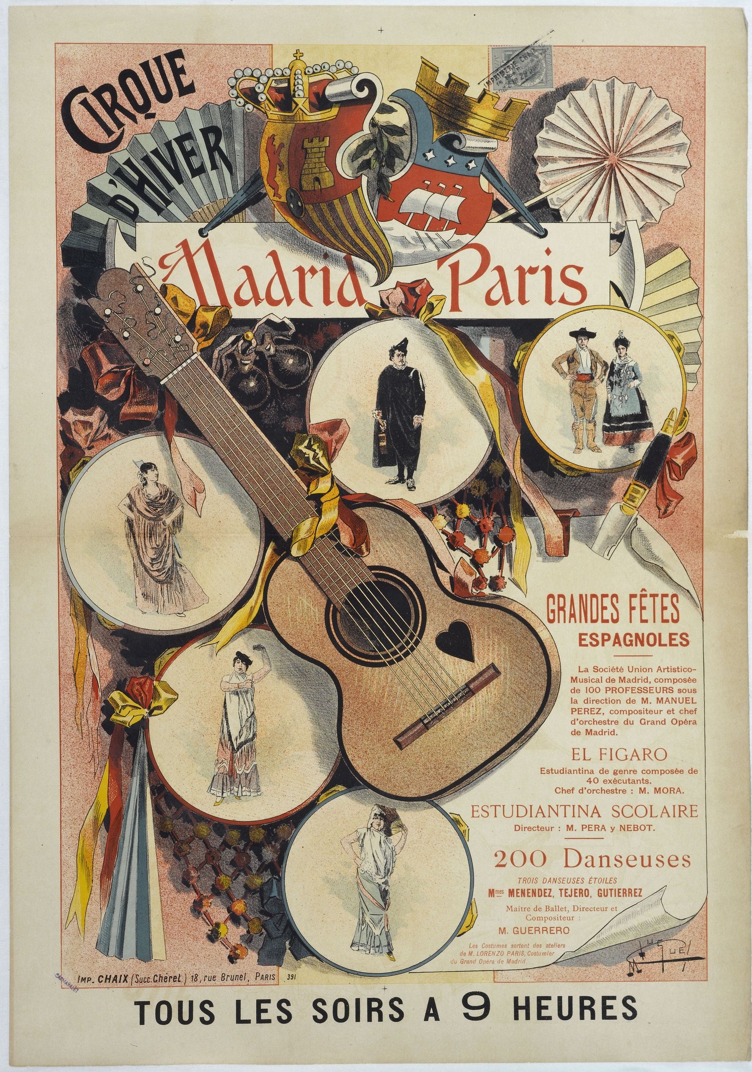 Konzertplakat in Madrid, Spanien, mit Bildern von Menschen, einer Gitarre und Musikinstrumenten sowie Text.