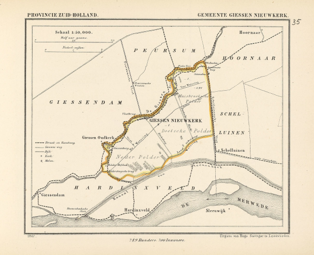 Detailed old map of Giesse Nieuwerk, Netherlands, showing streets, buildings, landmarks, and text with additional city information.