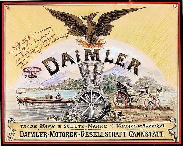 Poster featuring a horse-drawn carriage, a boat on water, trees, mountains, an eagle, and text reading "daimler motor-motoren-gesellschaft cannstatt".