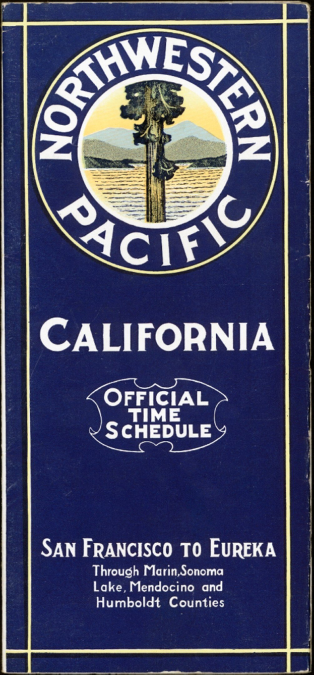 Poster with "Northwestern Pacific California Official Time Schedule" in white text on a black background.