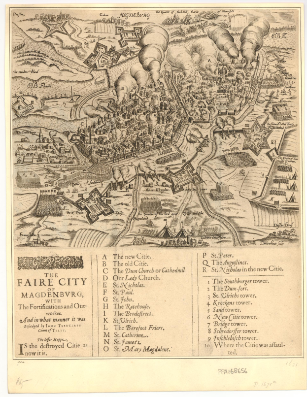 Ein detaillierter alter Stadtplan von Magdeburg, Deutschland, der Straßen, Gebäude, Sehenswördigkeiten und begleitenden Text zeigt, der die Bevölkerung, Sehenswördigkeiten und Straßen der Stadt beschreibt.