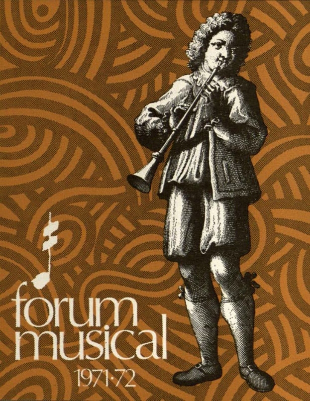 Plakat für das Forum Musical 1971-72 mit einer Person, die ein Musikinstrument spielt und Veranstaltungdetails im Text.