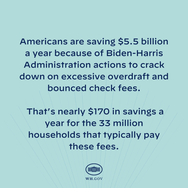 Poster with text and logo stating Americans are saving $5.5 billion a year due to Biden-Harris Administration actions against excessive overdraft and bounced check fees.