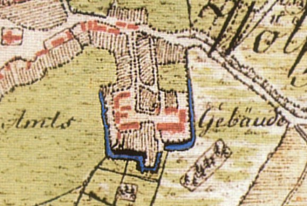 Detailed old map of Gebäude, Germany, showing streets, buildings, and landmarks with text indicating the town's location.