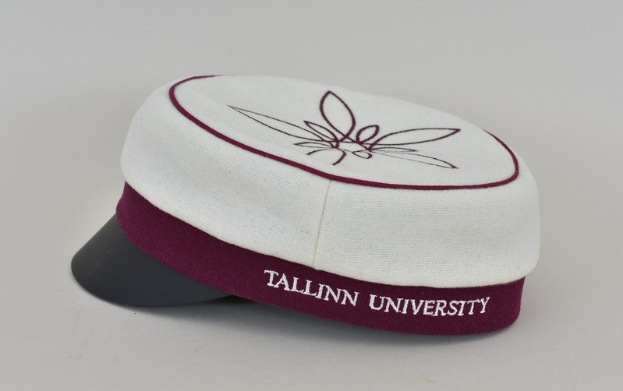 A white and maroon cap with "Tallinn University" printed on it against a white background.
