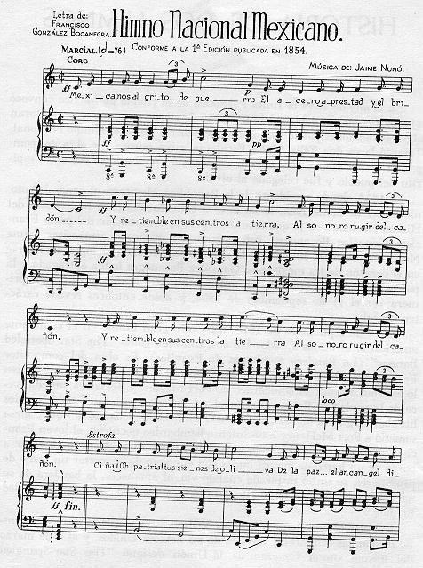 A sheet of music titled "Himno Nacional Mexicano" with musical notes in 4/4 time, framed by a black border.