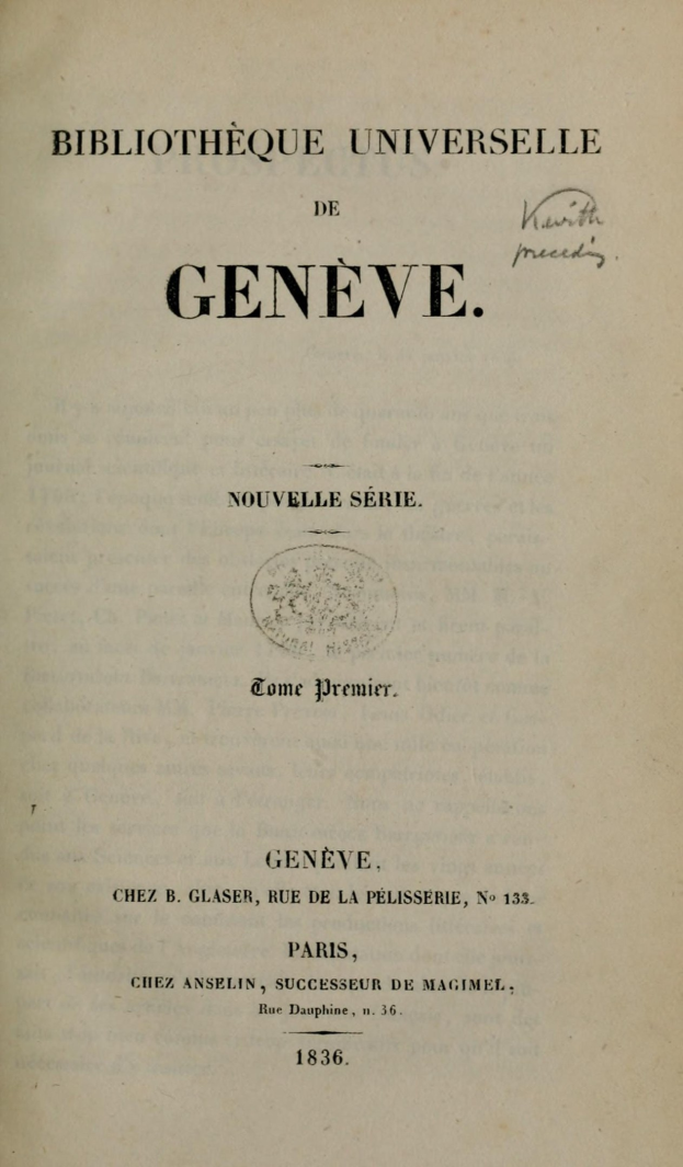 Altes Buch mit dem Titel 'Bibliothèque Universelle de Genève' geöffnet und zeigt Text im Innern.