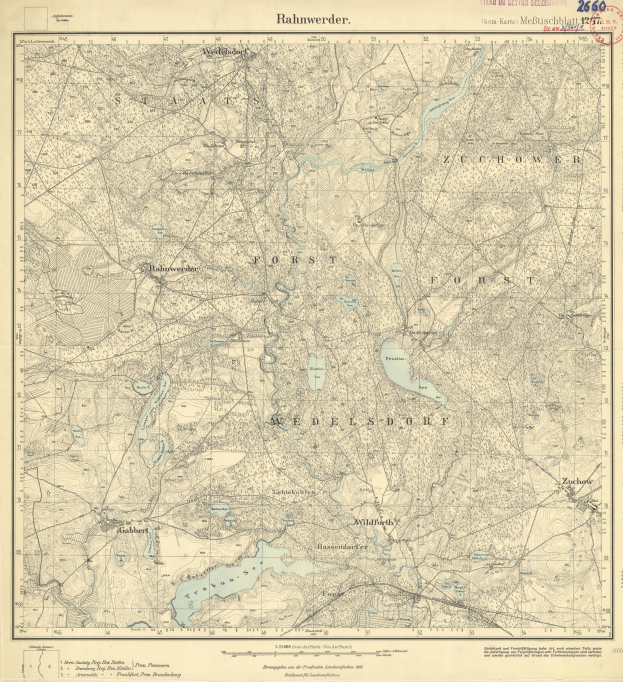 Ein altes topografisches Kartenblatt von Ruhwerder, Deutschland, mit detaillierten Geländedaten, Text und einem Stempel.