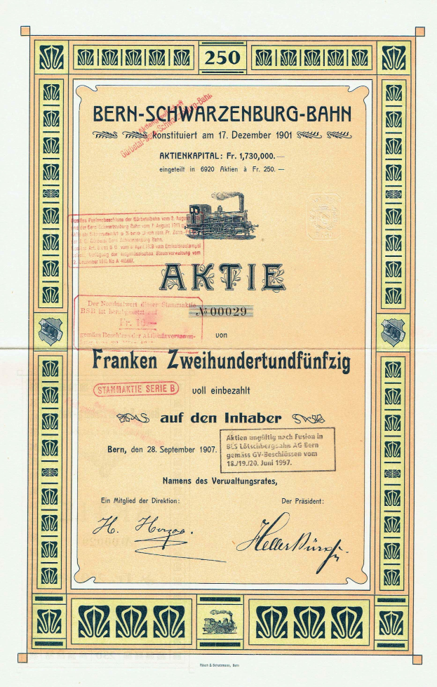 Ein altes Aktienzertifikat der deutschen Regierung von Bern-Schwarzenburg-Bahn mit Text und einer Abbildung eines Zugs.