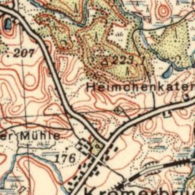 Ein altes topografisches Kartenblatt von Kromerbrücke, Deutschland, mit Text und Zahlen, die verschiedene Standorte angeben.