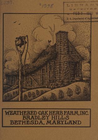 Alter Buchumschlag mit der Aufschrift "Weathered Oak Herb Farm, Inc." und einer Illustration eines verwitterten Farmhauses, grünem Gras und Vögeln am Himmel.