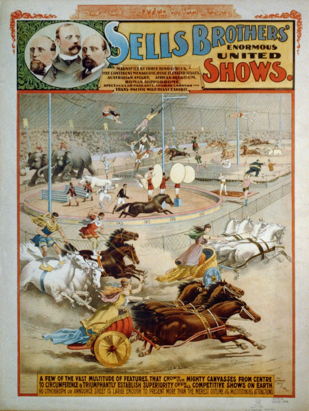 Poster advertising Sell's Brothers' Enormous United Shows, depicting a group of people riding horses in a circus with text describing the event.