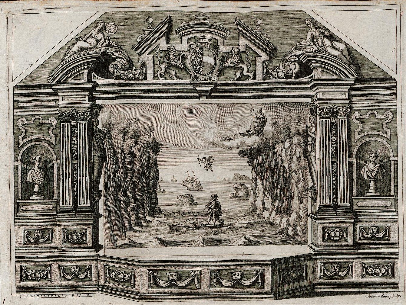 Black and white engraving of a room with a 16th-century scene painting on the wall, featuring sculptures, figures, trees, and other objects, with decorative text at the bottom.