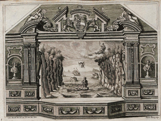 Black and white engraving of a room with a 16th-century scene painting on the wall, featuring sculptures, figures, trees, and other objects, with decorative text at the bottom.