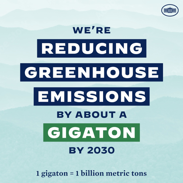 Plakat mit Text und Logo, auf dem "Wir reduzieren die Treibhausgasemissionen um etwa eine Gigatonne bis 2030" steht und für eine signifikante Reduzierung der Treibhausgase bis 2030 wirbt.