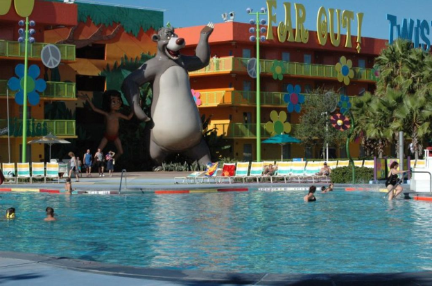 Ein Schwimmbad mit blauem Wasser und Menschen beim Schwimmen, mit entfernten Cartoons und Stangen im Hintergrund.