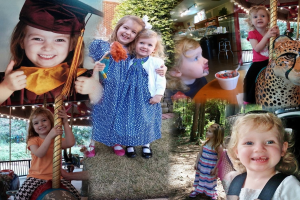 Ein Collage-Bild mit Vergnügungspark-Fahrgeschäften, einem Tisch mit Essensgegenständen, darunter ein Becher und ein Löffel, verschiedenen Gegenständen, Lichtern, einer Wand, Büschen, Bäumen, Gras, einem Seil und einem Hut.