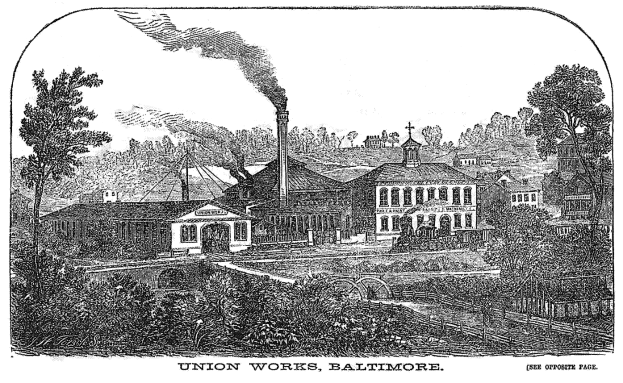 Eine Schwarz-Weiß-Zeichnung von Union Works in Baltimore, Maryland, mit ein paar Gebäuden, Bäumen und Rauch im Hintergrund sowie Text am unteren Rand.