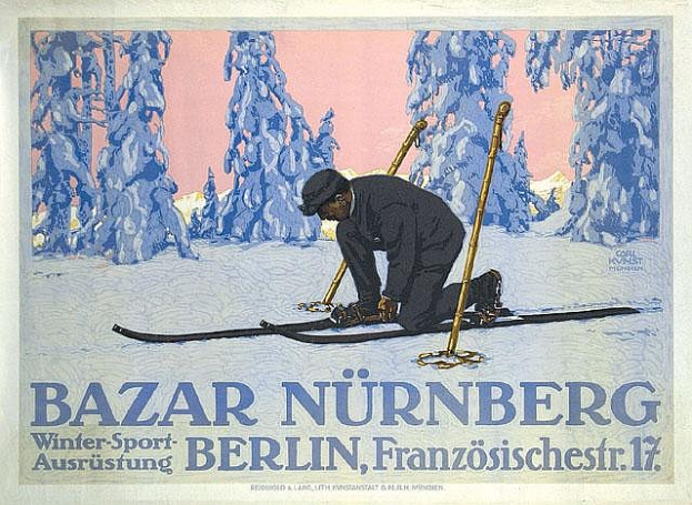 Eine Person auf Skiern mit Skistöcken vor einem Waldhintergrund, bewirbt das Bazar Nürnberg Winter Sport Event in Berlin, Deutschland, mit beschreibendem Text.