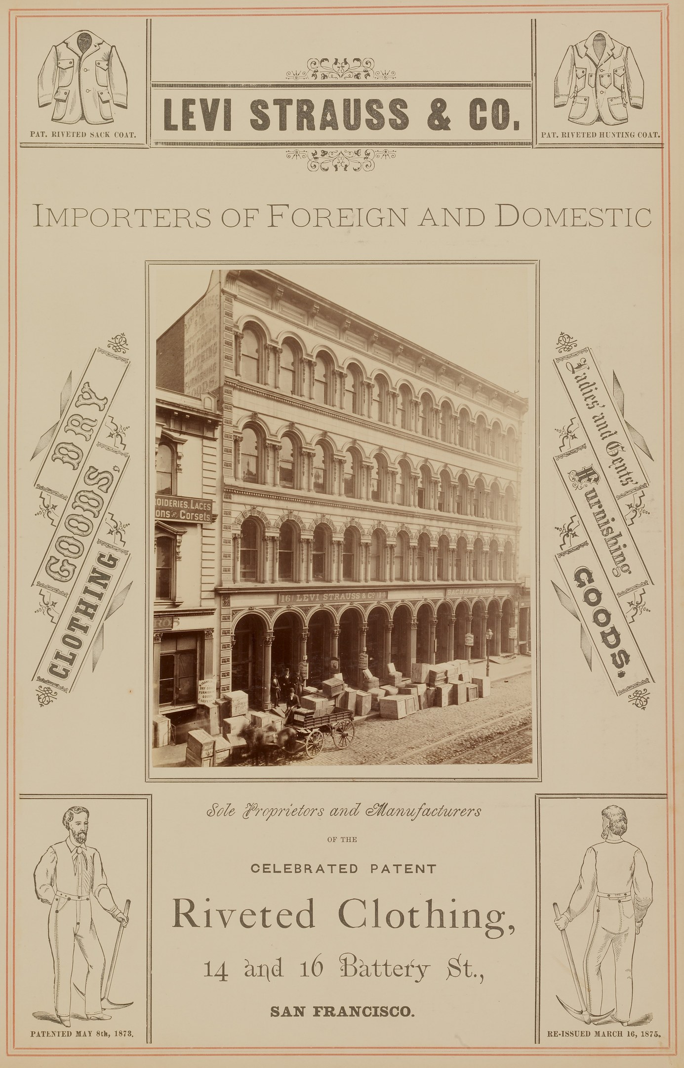Black and white advertisement poster for Levi Strauss & Co., featuring images of people, buildings, and text.