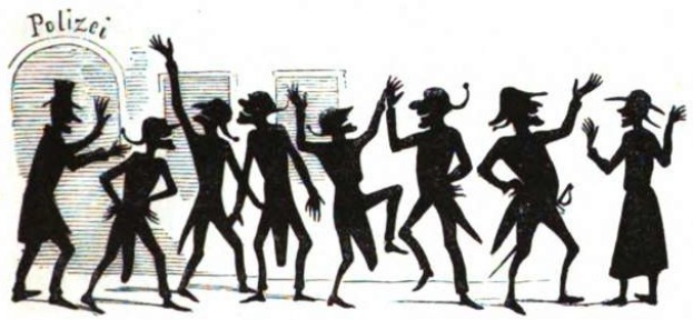 Black and white illustration of people dancing joyfully in front of a tall building with "Polizei" written above them.