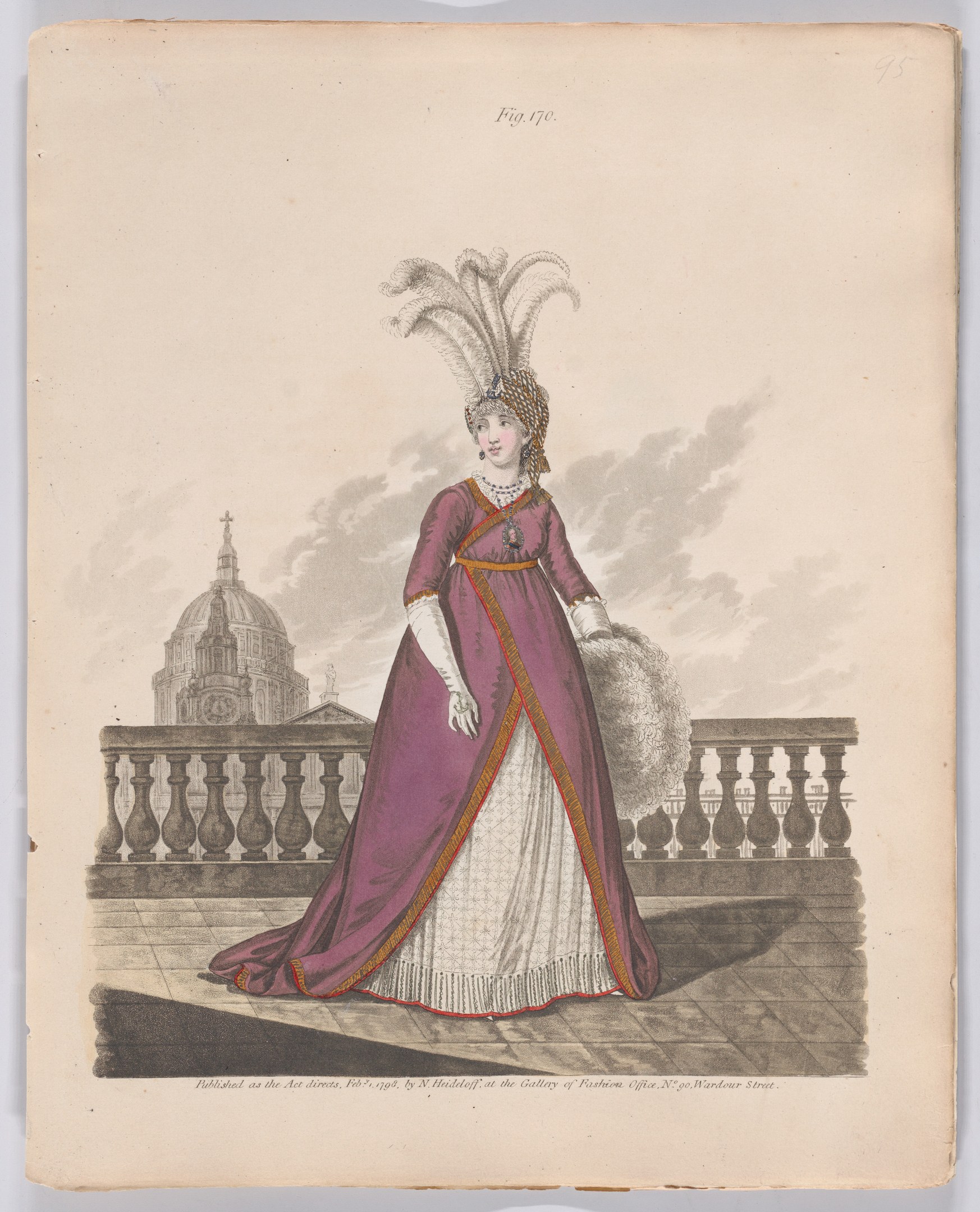 Frau in einem violetten und weißen Federkleid, die vor einem Gebäude mit Wolken am Himmel steht, beschriftet mit "Fashion of New York, New York Street, 1790."
