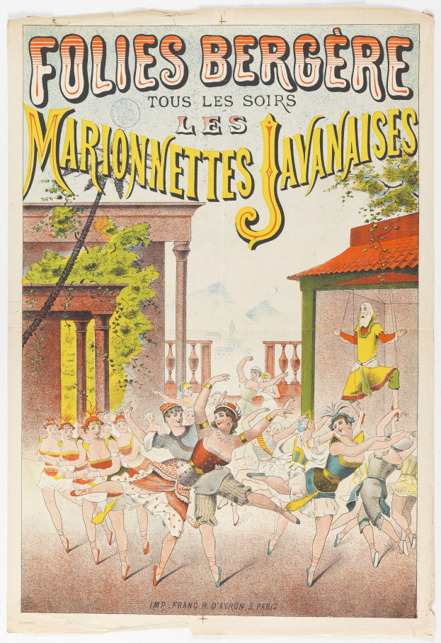 Ein Plakat, das eine Tanzshow in Paris ankündigt, zeigt eine Gruppe von Menschen, die im Vordergrund tanzen, mit einem Gebäude, Bäumen und Himmel im Hintergrund und Text auf dem Plakat.