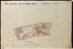 Detailed old map of Stadtavgsbvrg showing streets, buildings, landmarks, and text with additional city information.