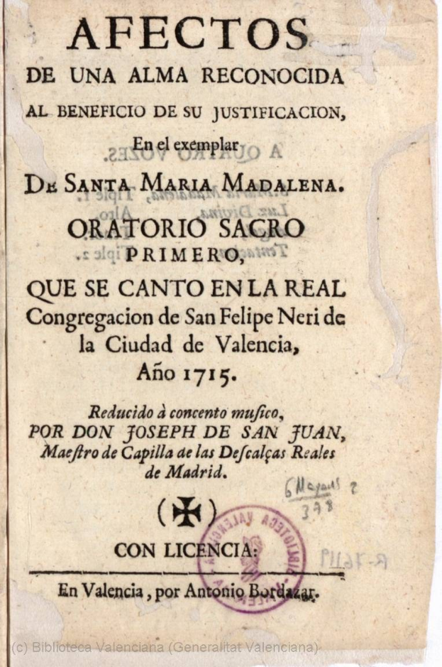 Old Spanish document titled "Afectos de una Alma Reconocida" regarding the death of Santa Maria Madalena, featuring a stamp and handwritten text.
