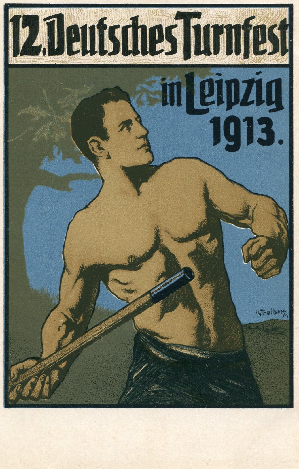Poster for the 12th Deutsches Turnfest in Leipzig, Germany (1913), showing a person holding a stick with text and a tree in the background.