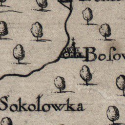 Old detailed map of Sokolowka, Poland, depicting geographical features like rivers, mountains, and cities with realistic tree illustrations and bold text.